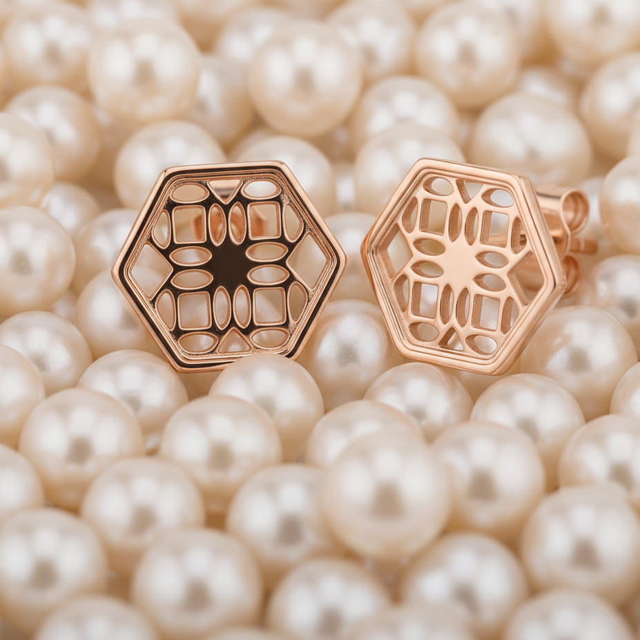 Rose Gold Stud Earrings with Hexagon Filigree