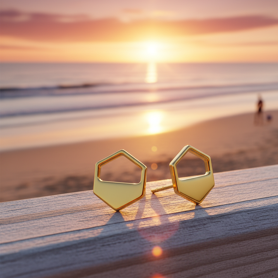 Gold Hexagon Cutout Stud Earrings