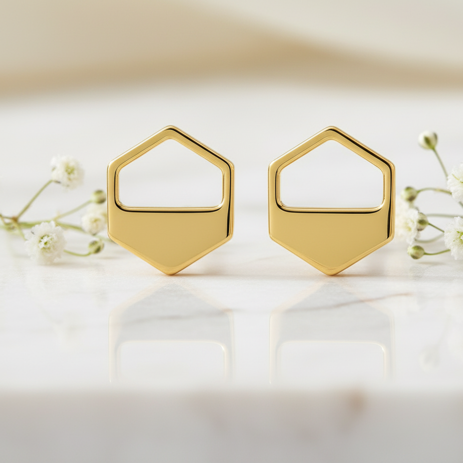 Gold Hexagon Cutout Stud Earrings