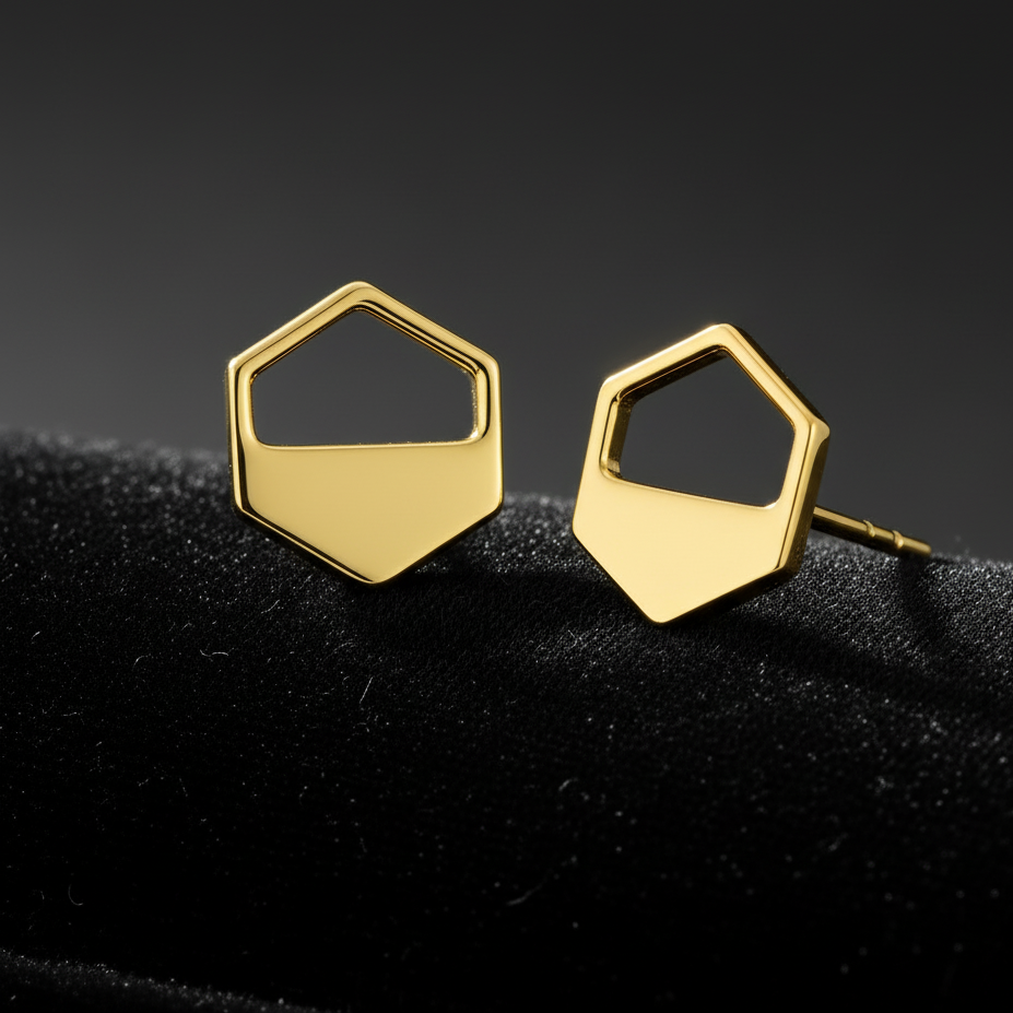 Gold Hexagon Cutout Stud Earrings