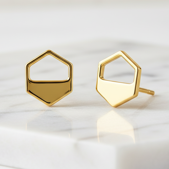 Gold Hexagon Cutout Stud Earrings