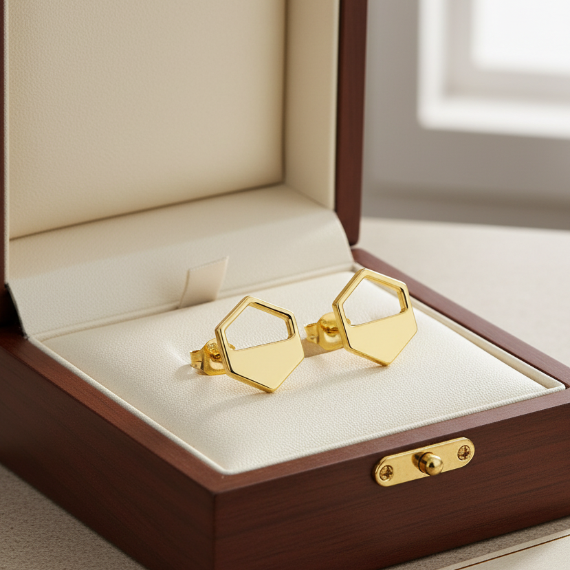 Gold Hexagon Cutout Stud Earrings