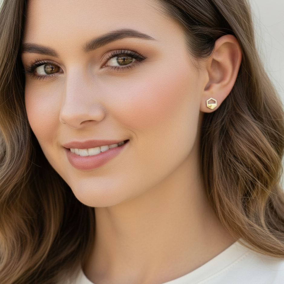 Gold Hexagon Cutout Stud Earrings