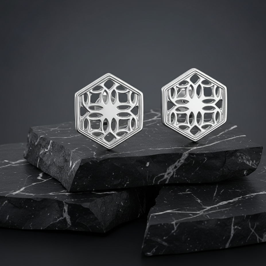 Sterling Silver Stud Earrings with Hexagon Filigree