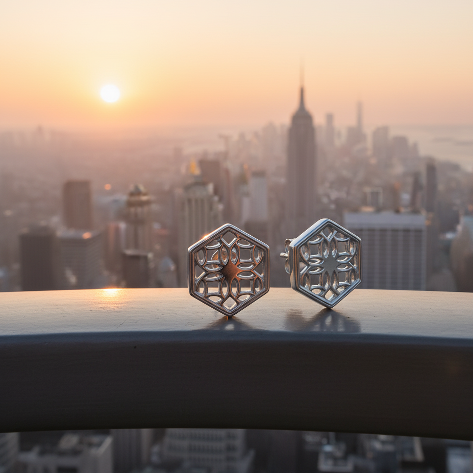 Sterling Silver Stud Earrings with Hexagon Filigree