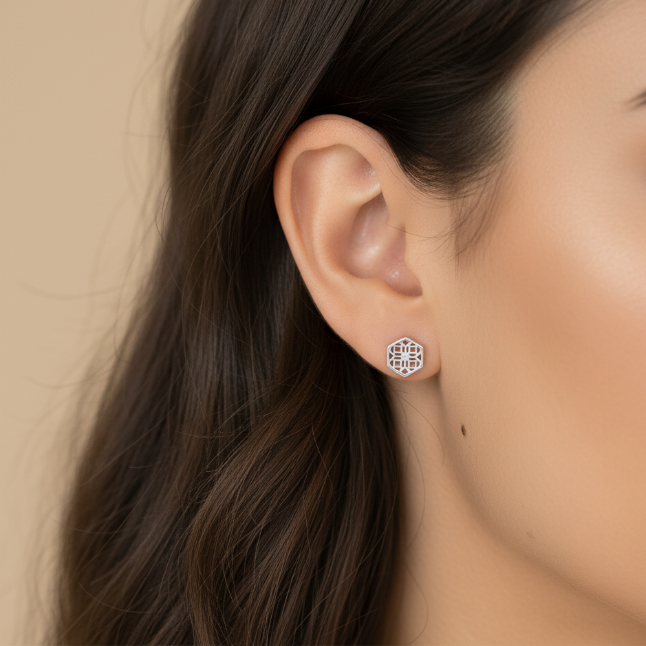 Sterling Silver Stud Earrings with Hexagon Filigree