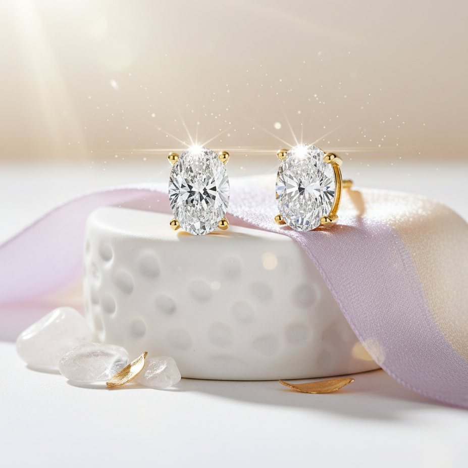 Gold Oval CZ Stud Earrings