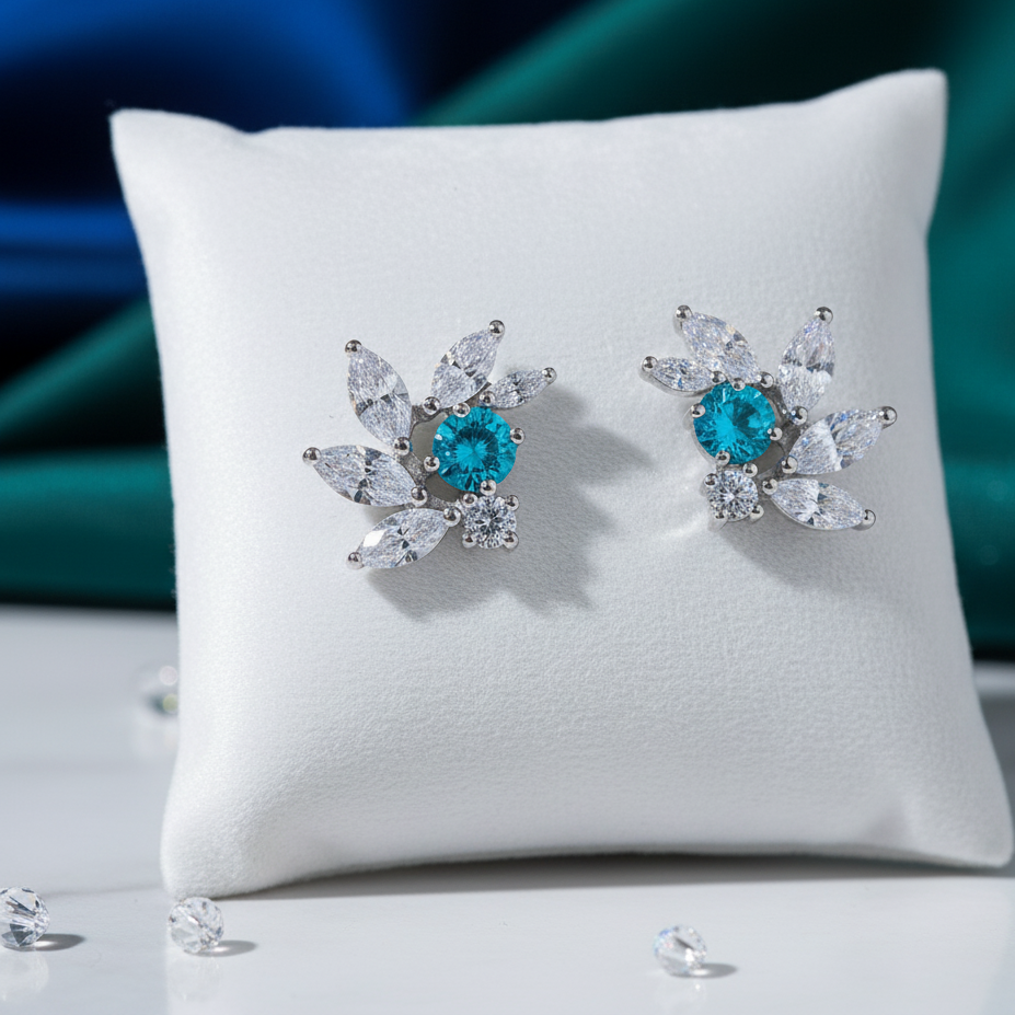 Deep Aquamarine CZ Bridal Earrings in Silver