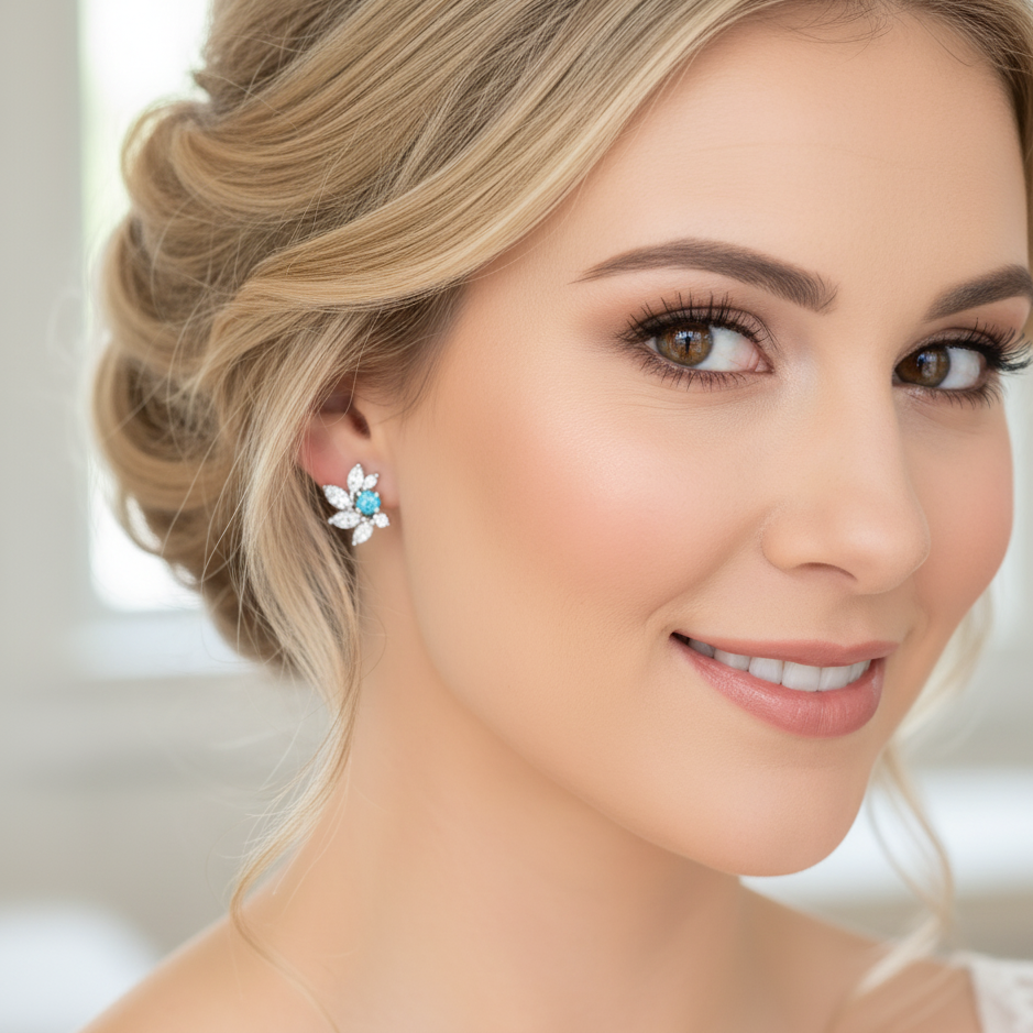 Deep Aquamarine CZ Bridal Earrings in Silver