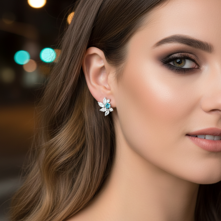 Deep Aquamarine CZ Bridal Earrings in Silver