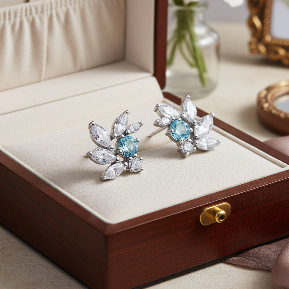 Aquamarine CZ Bridal Earrings in Sterling Silver