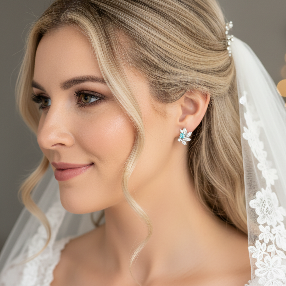 Aquamarine CZ Bridal Earrings in Sterling Silver