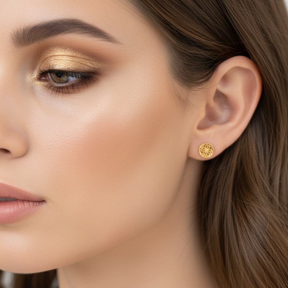 Gold Stud Earrings with Round Filigree