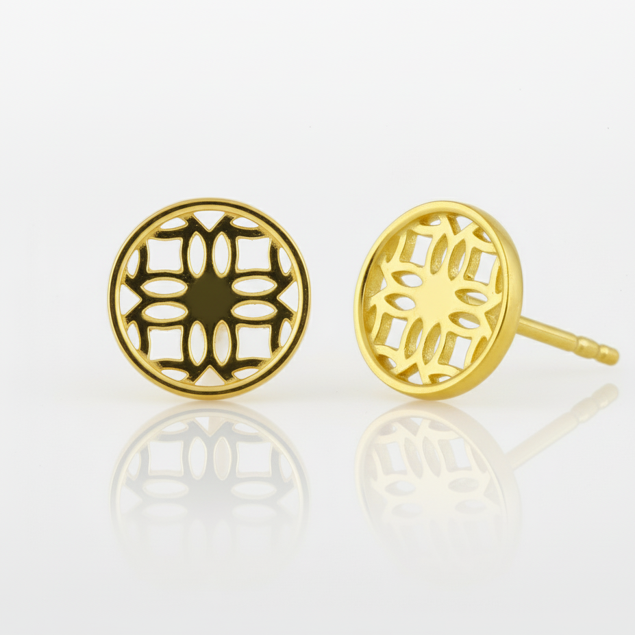 Gold Stud Earrings with Round Filigree