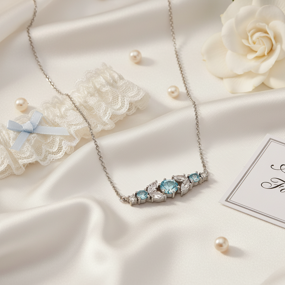 Silver Aquamarine Crystal Bar Necklace