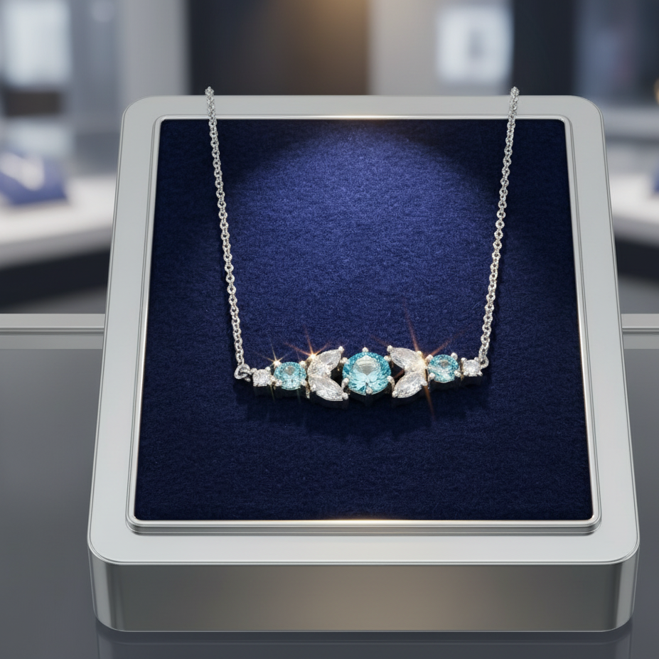 Silver Aquamarine Crystal Bar Necklace