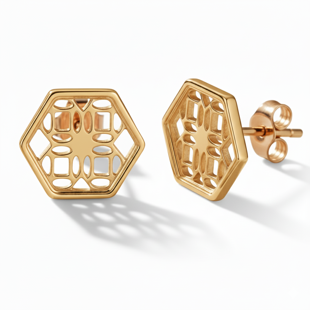 Gold Hexagon Lace Filigree Stud Earrings
