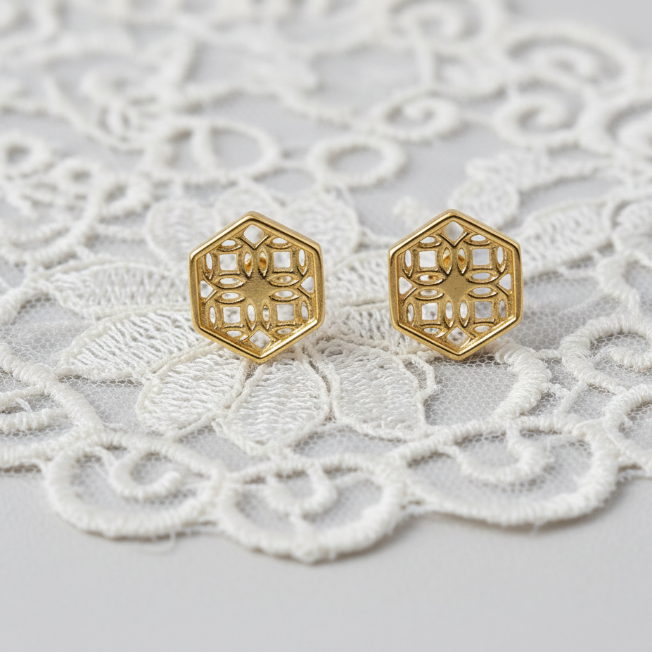 Gold Hexagon Lace Filigree Stud Earrings