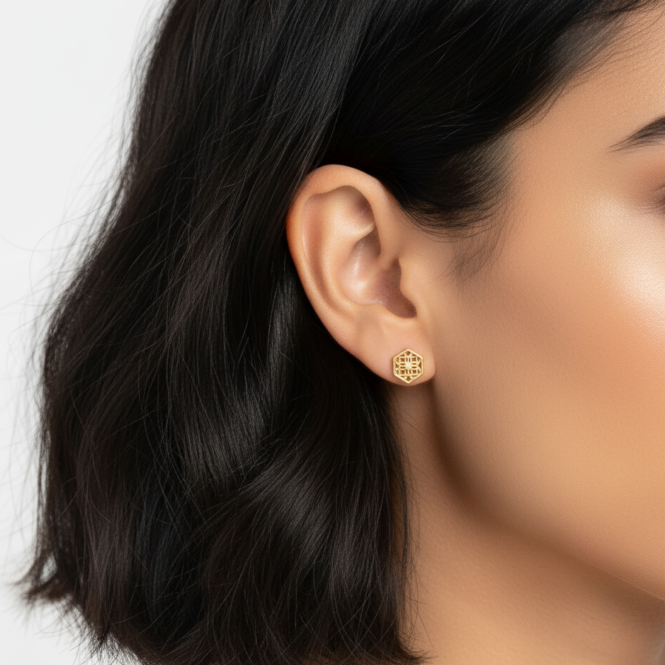Gold Hexagon Lace Filigree Stud Earrings
