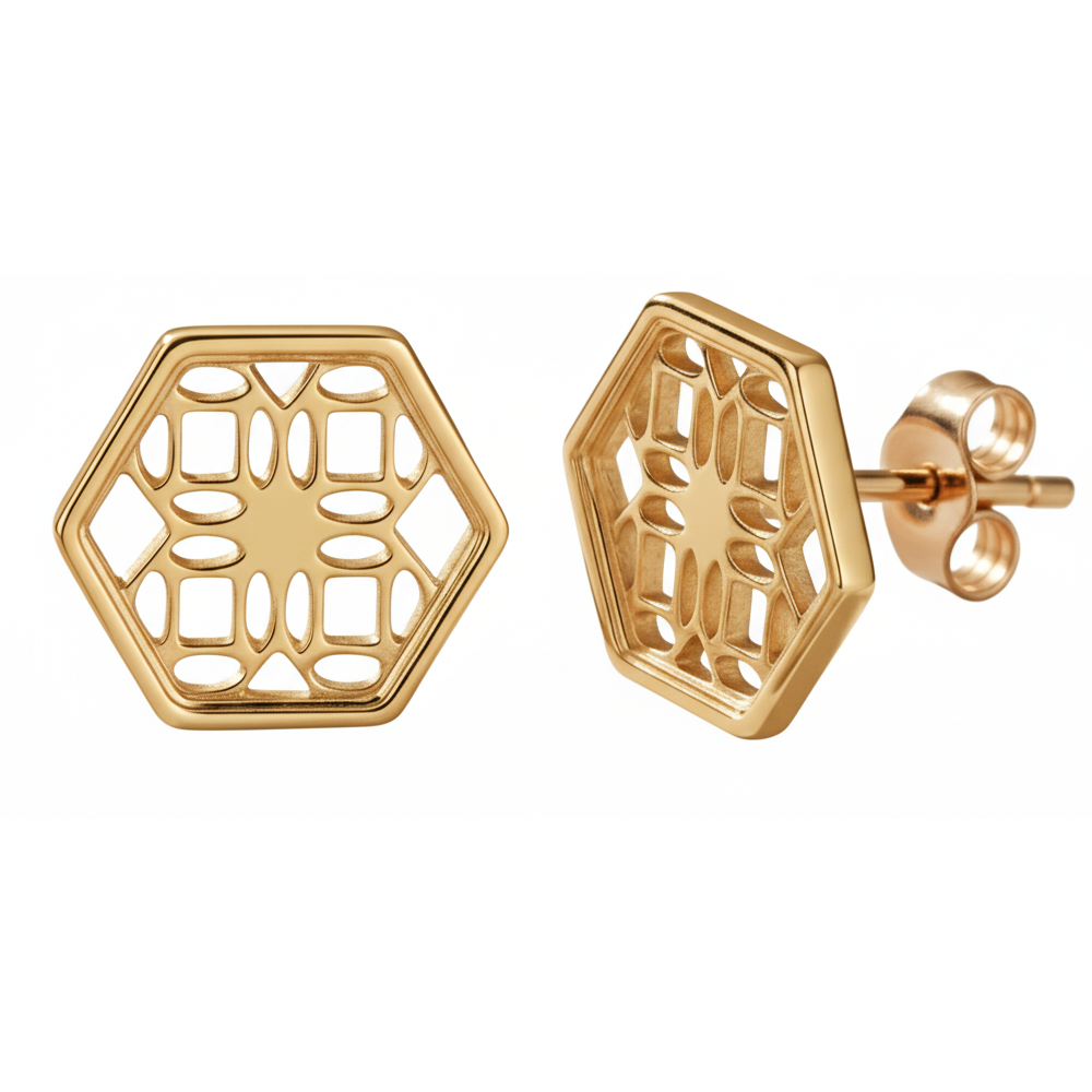 Gold Hexagon Lace Filigree Stud Earrings