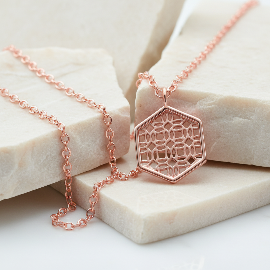 Rose Gold Necklace with Hexagon Lace Filigree