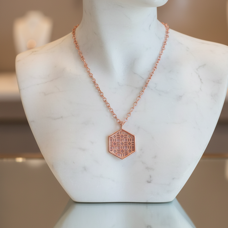 Rose Gold Necklace with Hexagon Lace Filigree