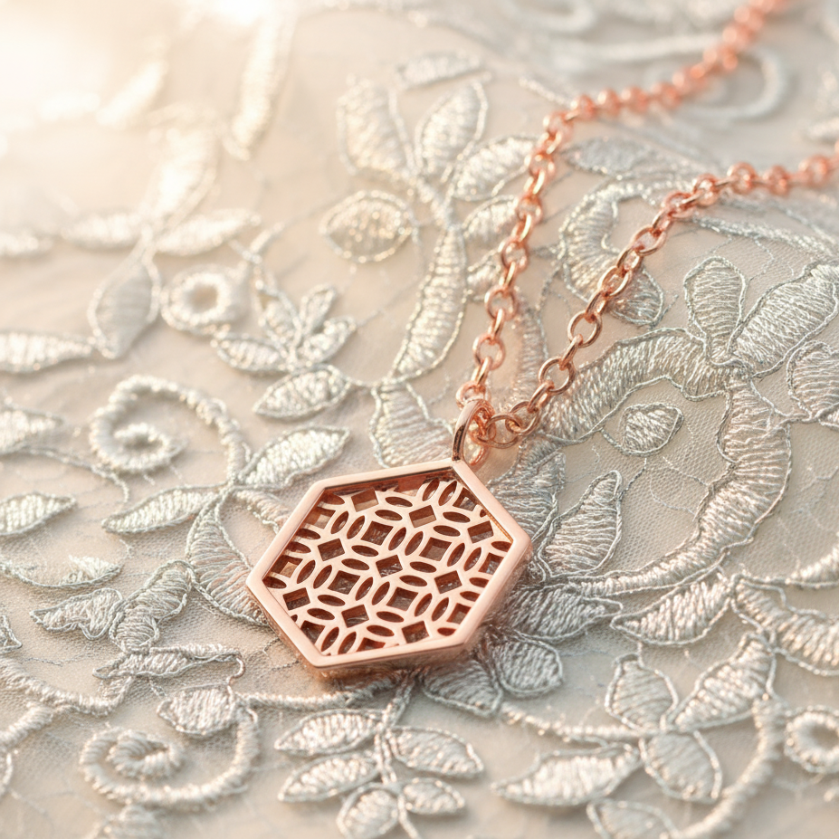Rose Gold Necklace with Hexagon Lace Filigree