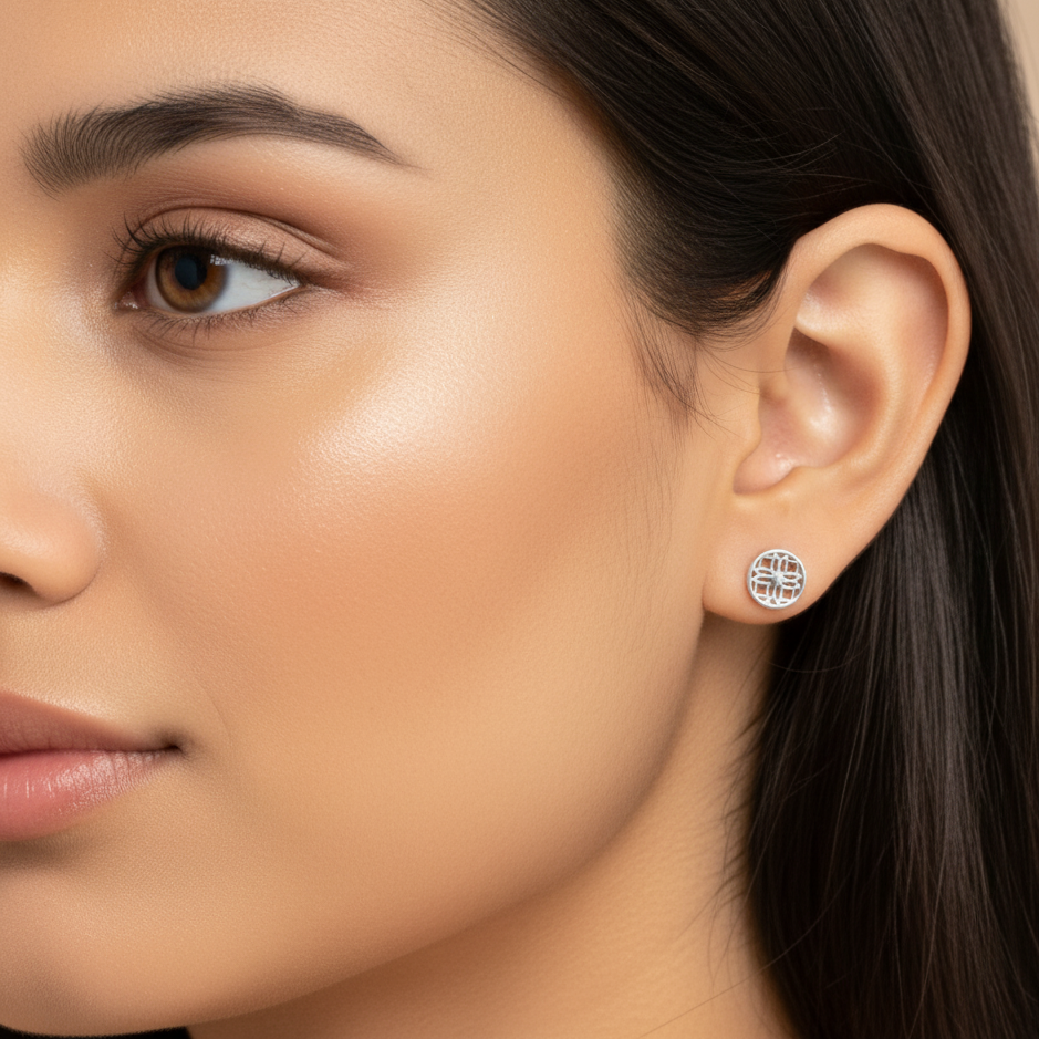 Silver Stud Earrings with Round Filigree