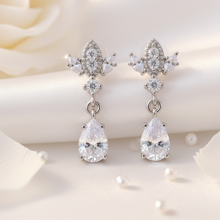 Silver Antique Chandelier CZ Teardrop Earrings