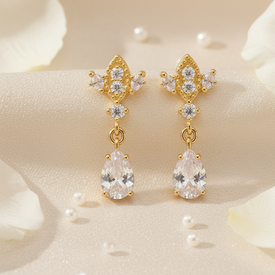 Gold Antique Chandelier CZ Teardrop Earrings