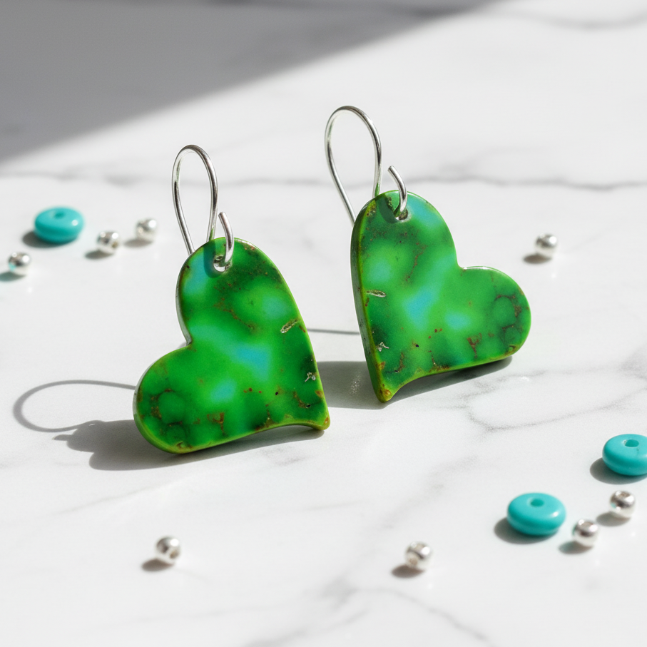 Green Turquoise Gibbsite Heart Earrings