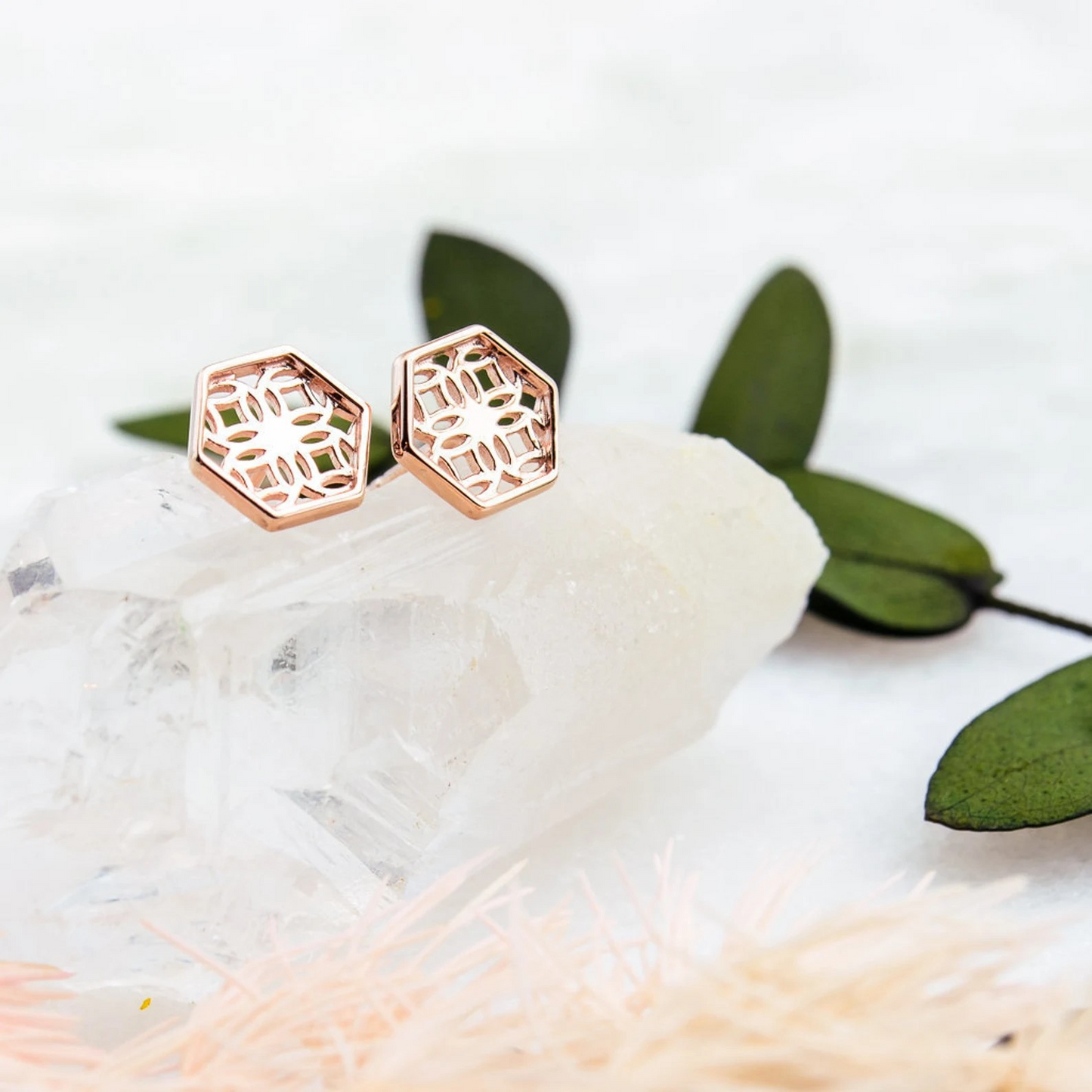 Rose Gold Stud Earrings with Hexagon Filigree