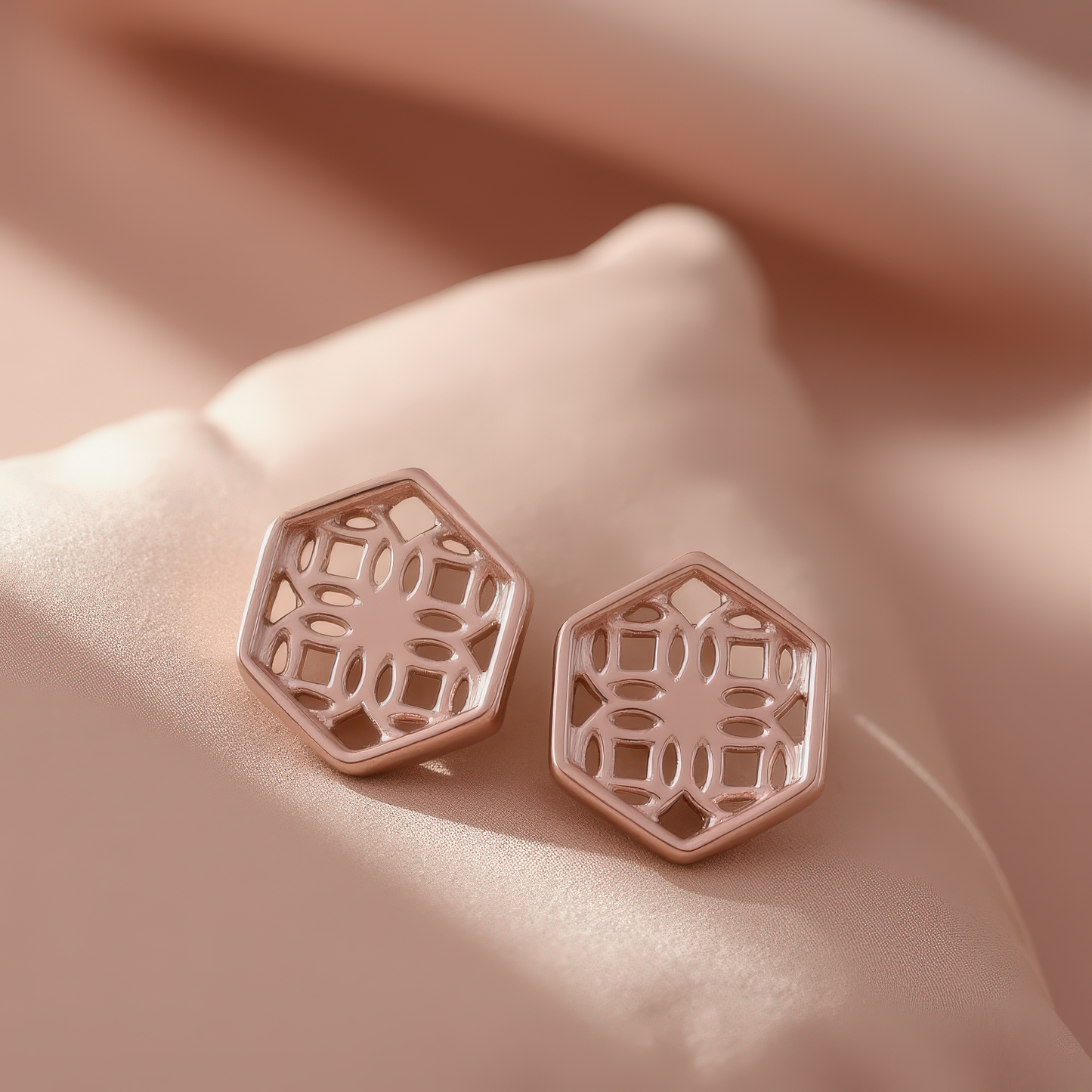 Rose Gold Stud Earrings with Hexagon Filigree