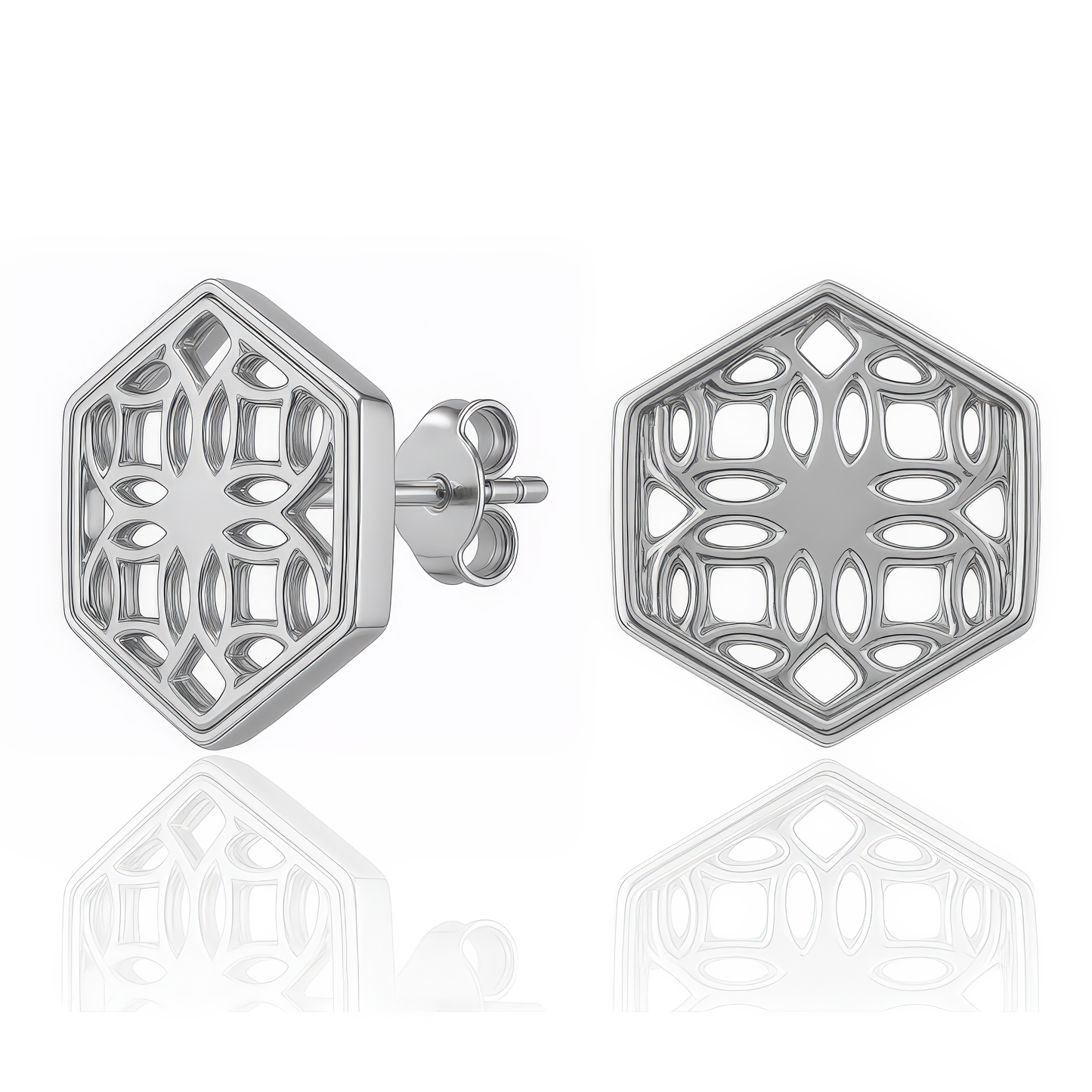 Sterling Silver Stud Earrings with Hexagon Filigree