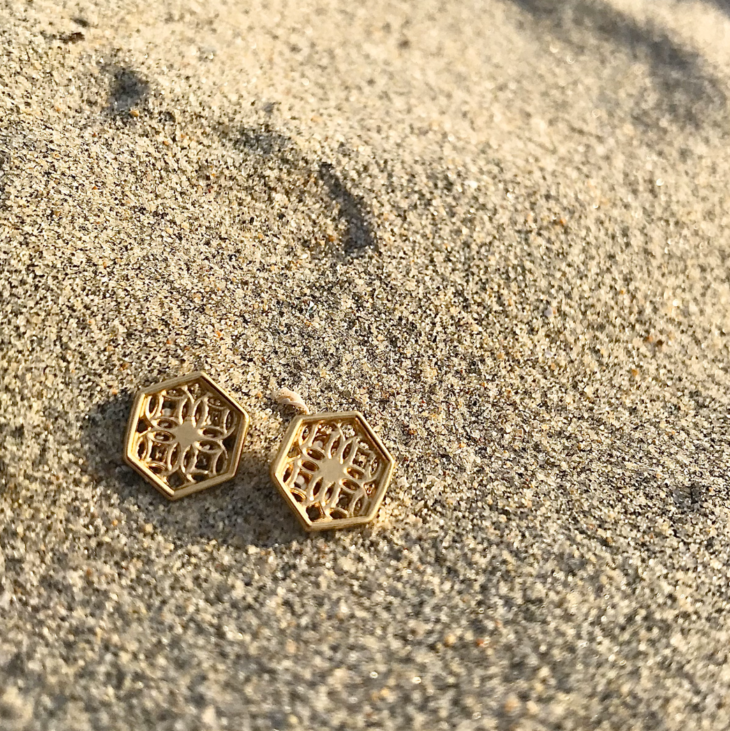 Gold Hexagon Lace Filigree Stud Earrings