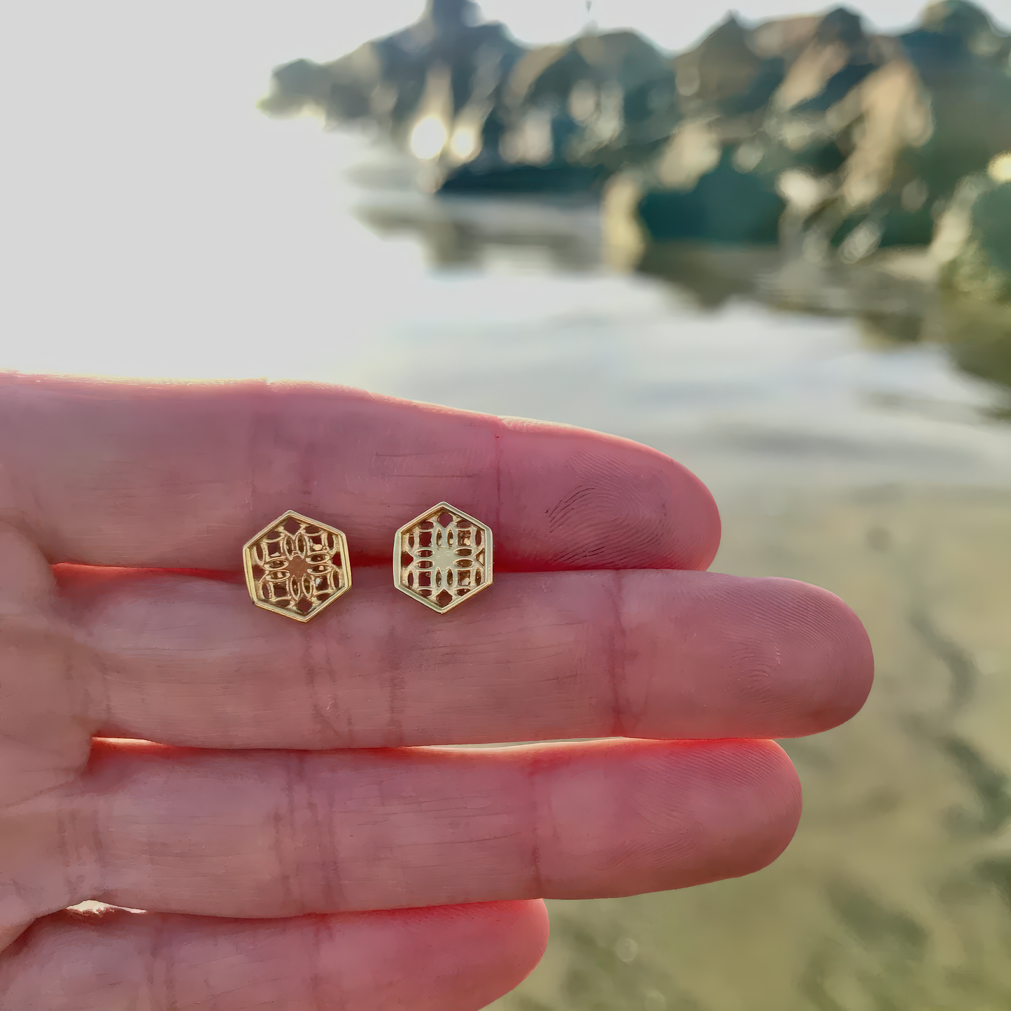 Gold Hexagon Lace Filigree Stud Earrings
