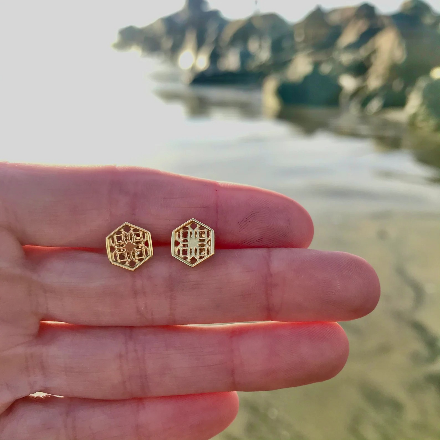 Gold Hexagon Lace Filigree Stud Earrings