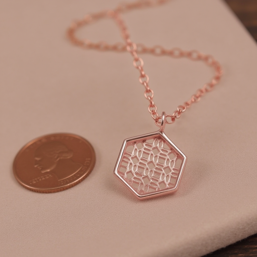 Rose Gold Necklace with Hexagon Lace Filigree