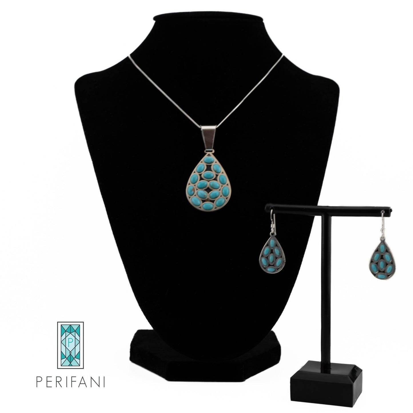 Sterling Silver Turquoise Teardrop Necklace & Earrings Set
