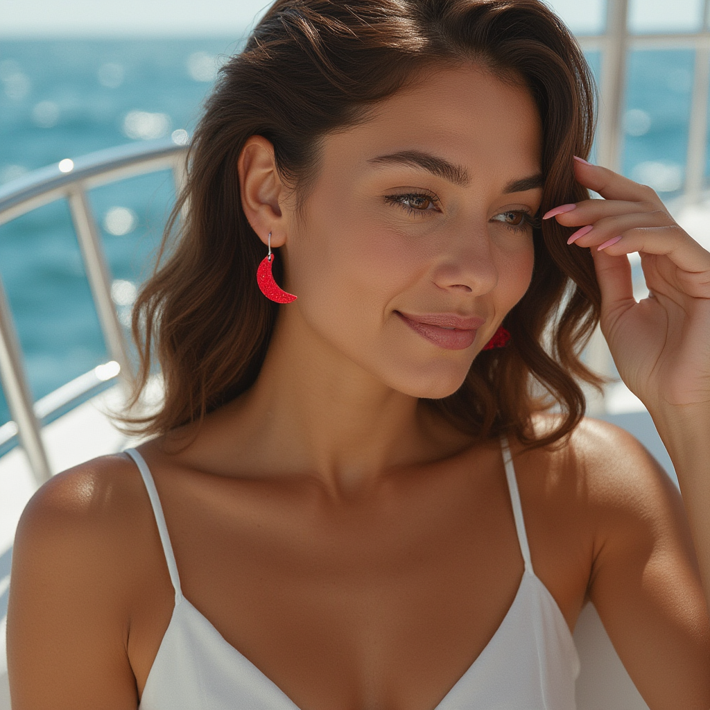 Red Opal Moon Earring