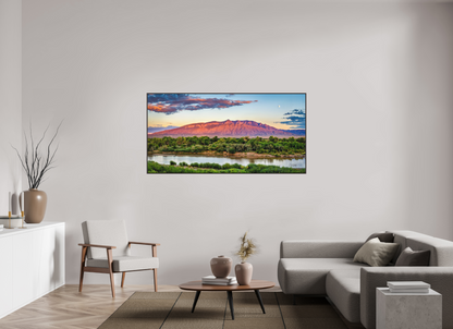 70 x 35″, Modern Aluminum Print with Alder Brown Wood Frame Sandia Sunset Over The Bosque