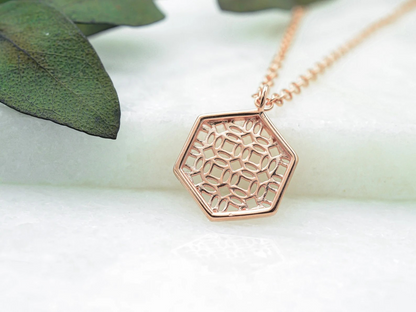 Rose Gold Necklace with Hexagon Lace Filigree