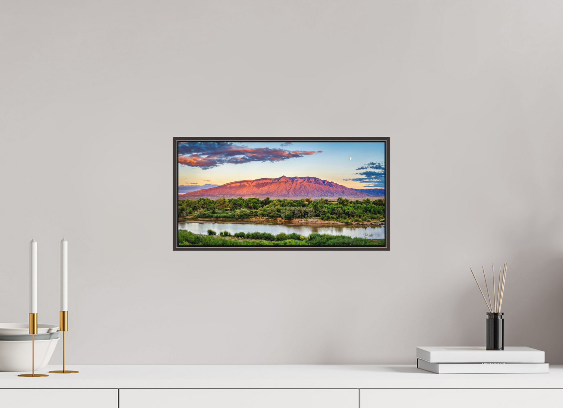 16 x 8″, Modern Aluminum Print with Alder Brown Wood Frame Sandia Sunset Over The Bosque