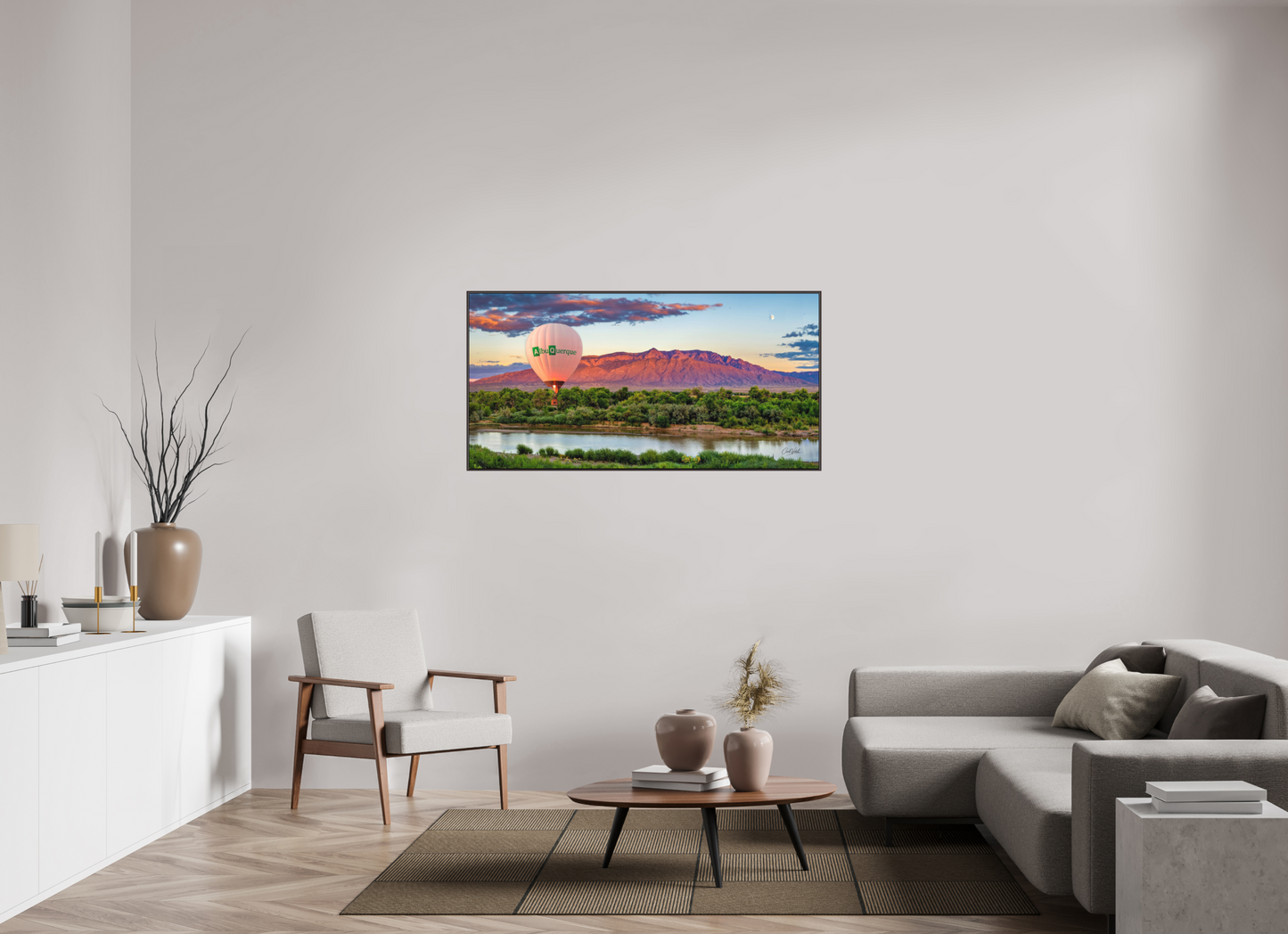56 x 28″, Modern Aluminum Print with Alder Brown Wood Frame Sandia Sunset Fantasy - Albuquerque Science