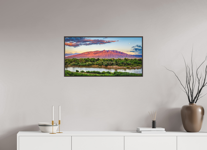 32 x 16″, Modern Aluminum Print with Alder Brown Wood Frame Sandia Sunset Over The Bosque