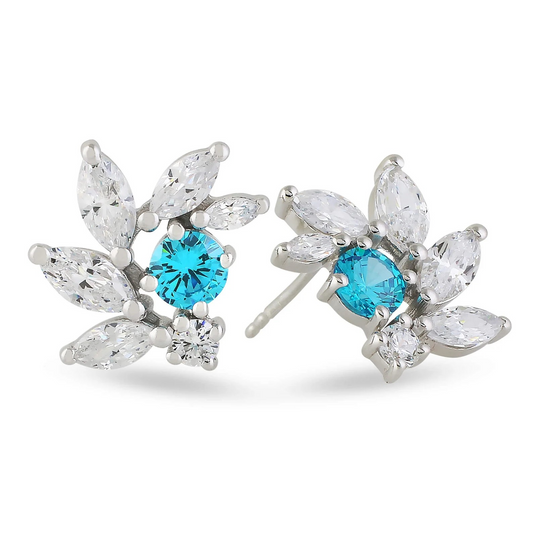 Deep Aquamarine CZ Bridal Earrings in Silver