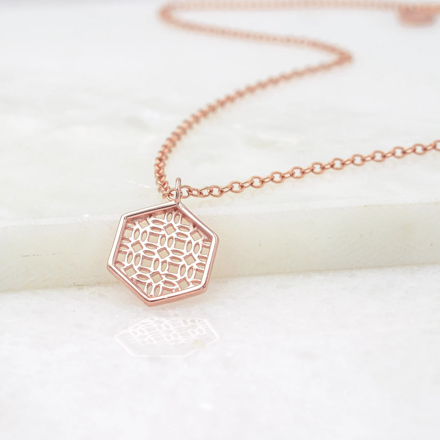 Rose Gold Necklace with Hexagon Lace Filigree