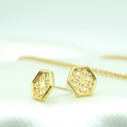 Gold Hexagon Lace Filigree Stud Earrings