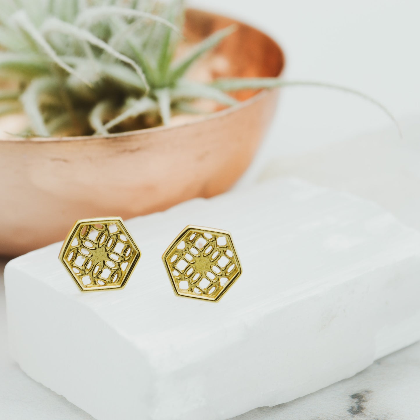 Gold Hexagon Lace Filigree Stud Earrings