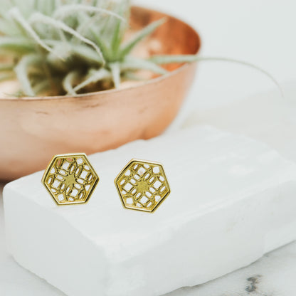 Gold Hexagon Lace Filigree Stud Earrings